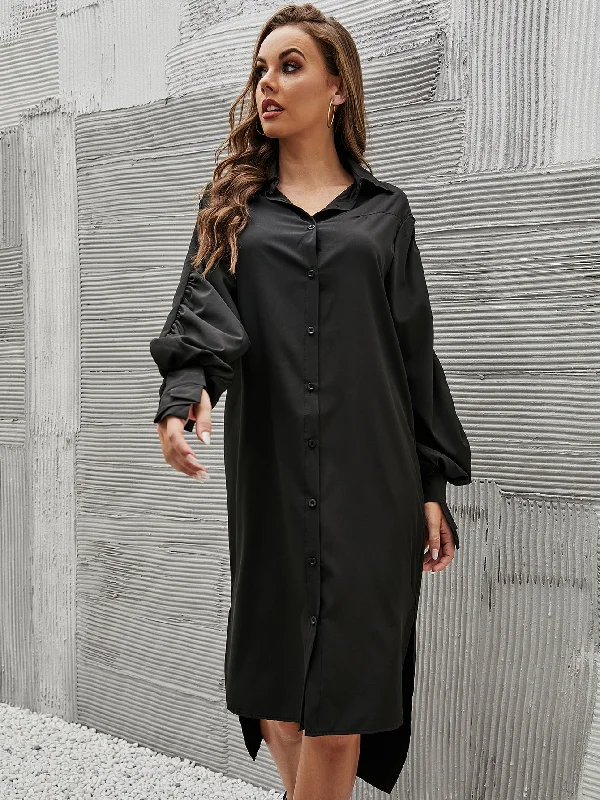 MegaBetty - Button Through Flap Detail Split Hem Shirt Dress