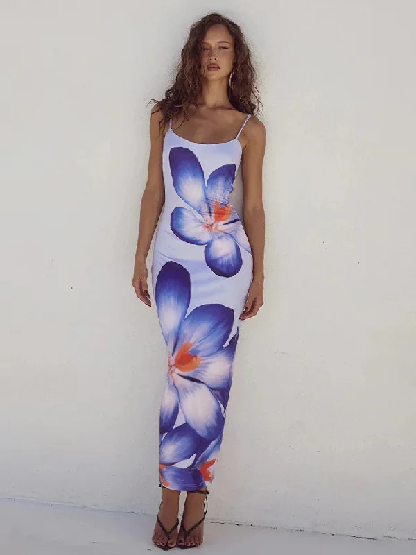 Flower Print Slim Bodycon Spaghetti Strap Backless Sexy Spring Summer Maxi Dress