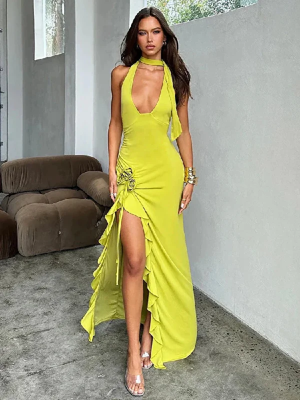 Ruffles Asymmetric Deep V Neck Sexy Halter Long Spring Summer Maxi Dress