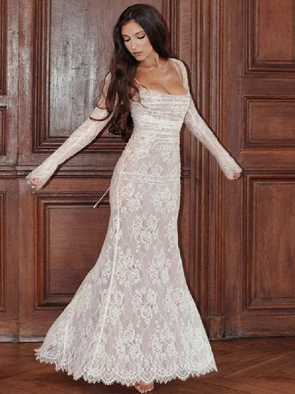 White Lace Elegant Autumn Winter Slim Bodycon Nightclub Sexy Party Maxi Dress