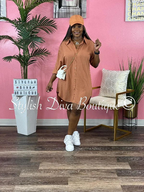 Casual Stroll V-Neck Oversized Shirt Dress (Clay)