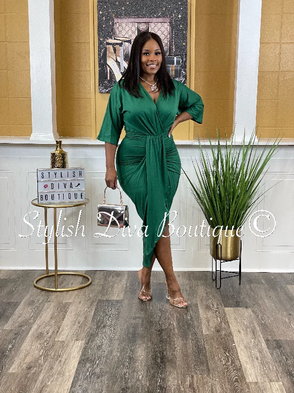 Chandler V Cut Ruched Midi Dress up to 3XL (Hunter Green)