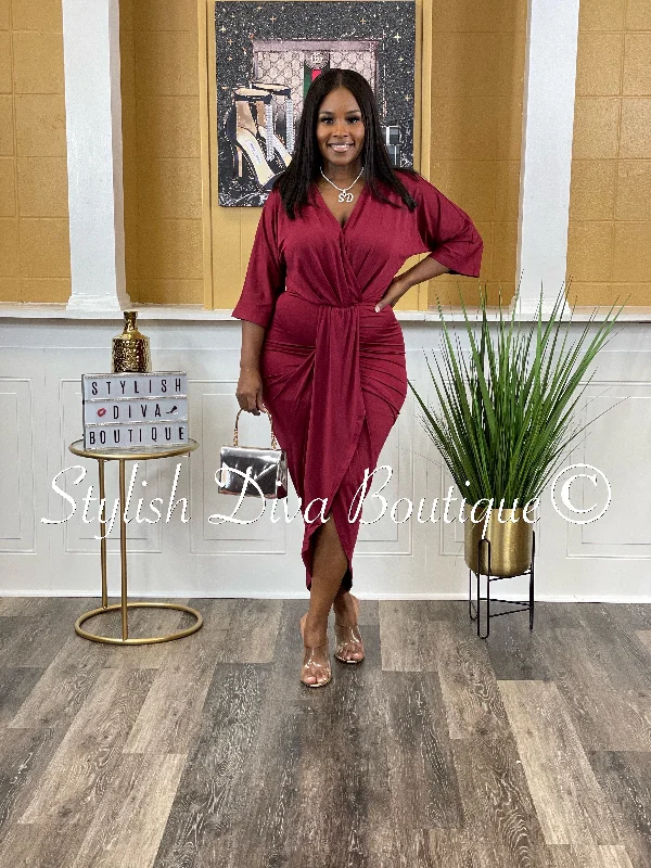 Chandler V Cut Ruched Midi Dress up to 3XL (Burgundy)