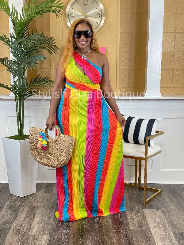 Colorful Delight Striped Maxi Dress (Rainbow)