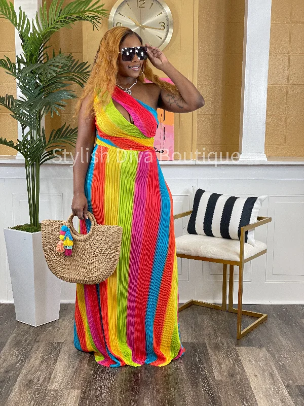 Colorful Delight Striped Maxi Dress (Rainbow)