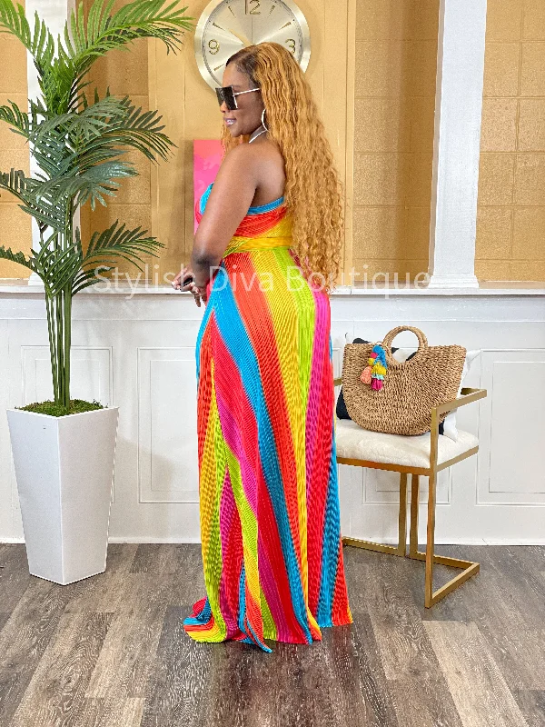 Colorful Delight Striped Maxi Dress (Rainbow)