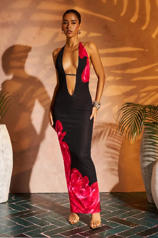 Deep V Neck Maxi Dress in Black Anthos