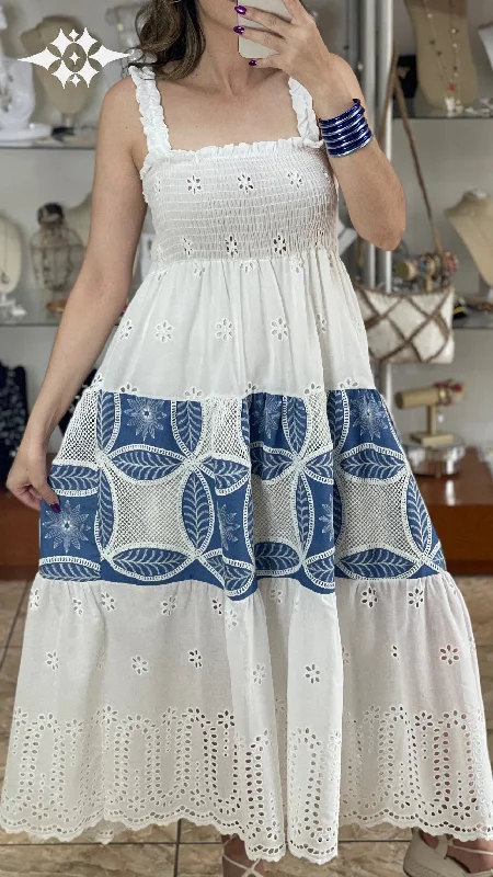 Eyelet/Denim Sleeveless Maxi Dress