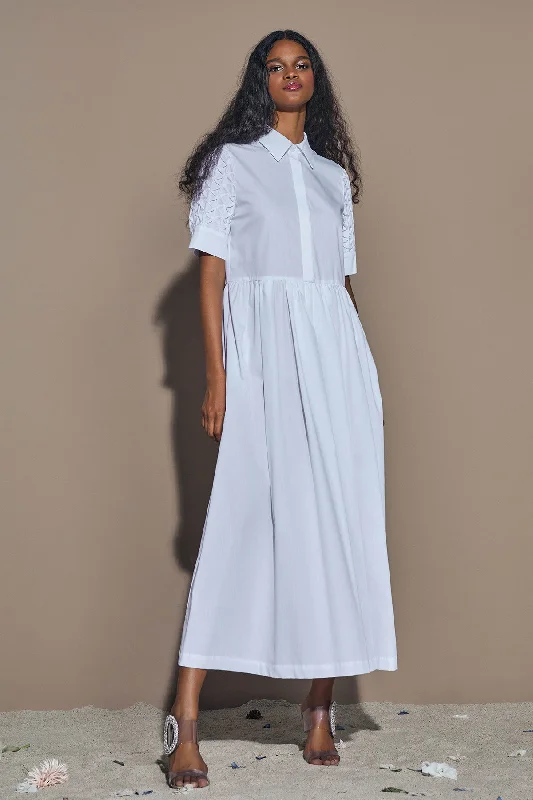 WHITE ""HARU"" DRESS WITH STRUCTURED SLEEVES AND FLUID SKIRT