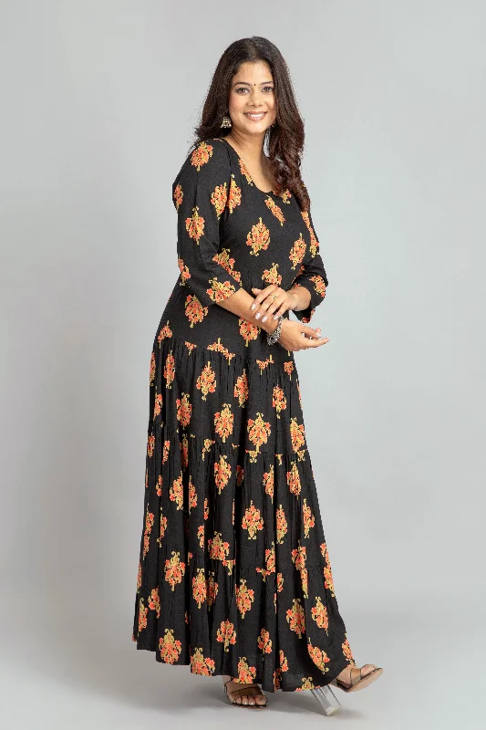 LONG TIERED PRINTED FUSSION DRESS HAND EMBELISHED SEQ