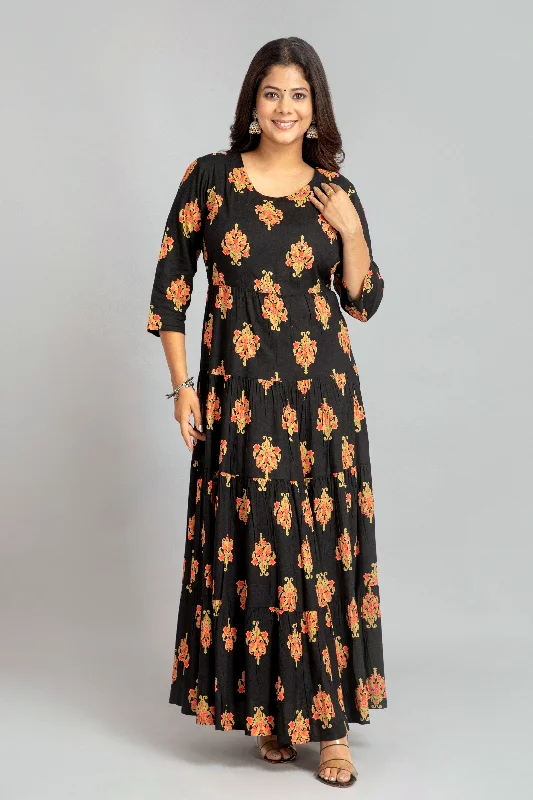 LONG TIERED PRINTED FUSSION DRESS HAND EMBELISHED SEQ