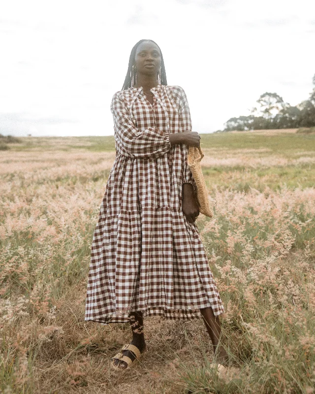 Maxi Avalon Smock Dress | Brown Gingham