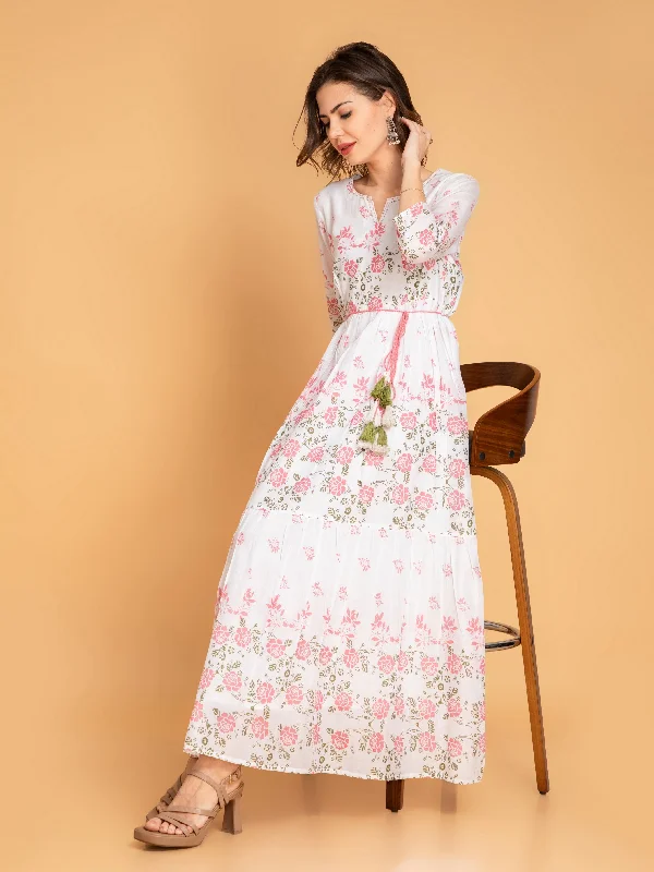 Mul Cotton Floral Tiered Dress with Handcrafted Details