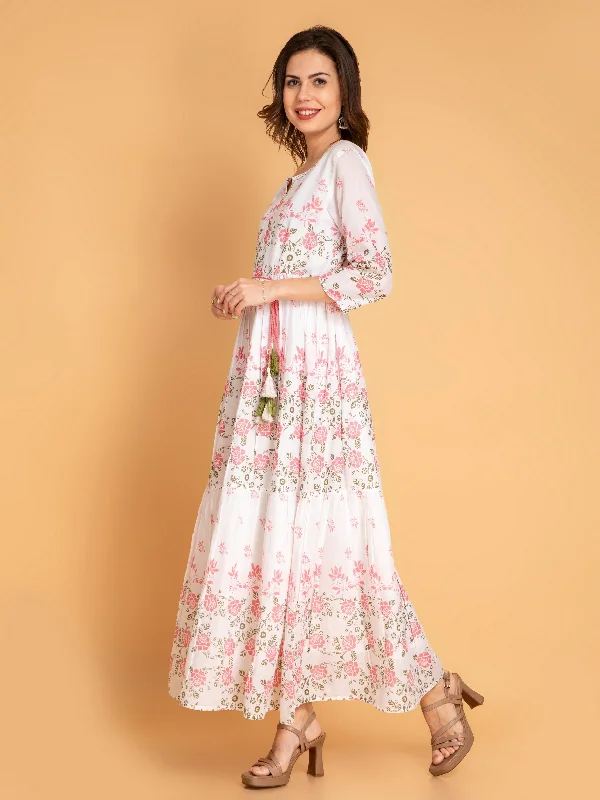 Mul Cotton Floral Tiered Dress with Handcrafted Details