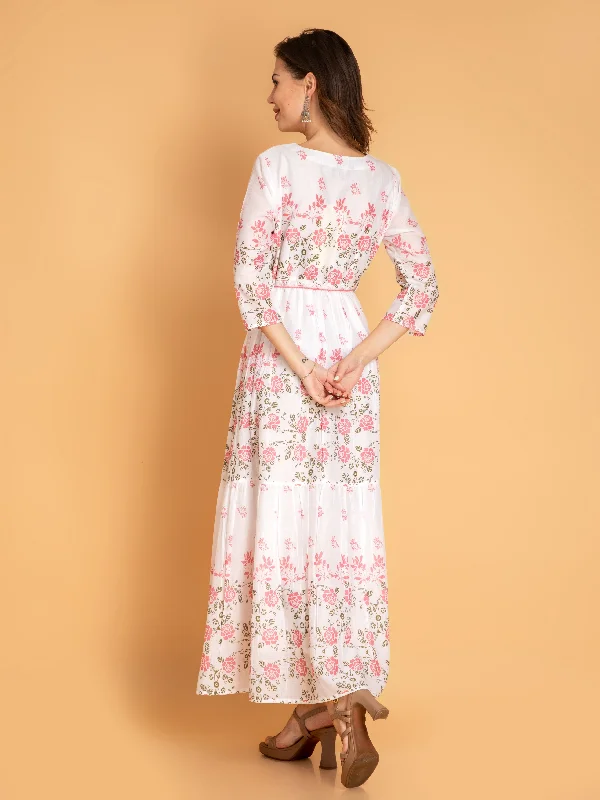 Mul Cotton Floral Tiered Dress with Handcrafted Details