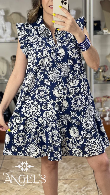 Paisley Print Flutter Short Sleeves Dress