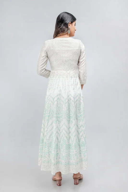 PRINTED FESTIVE FLOOR LENGTH FLAIRED DRESS