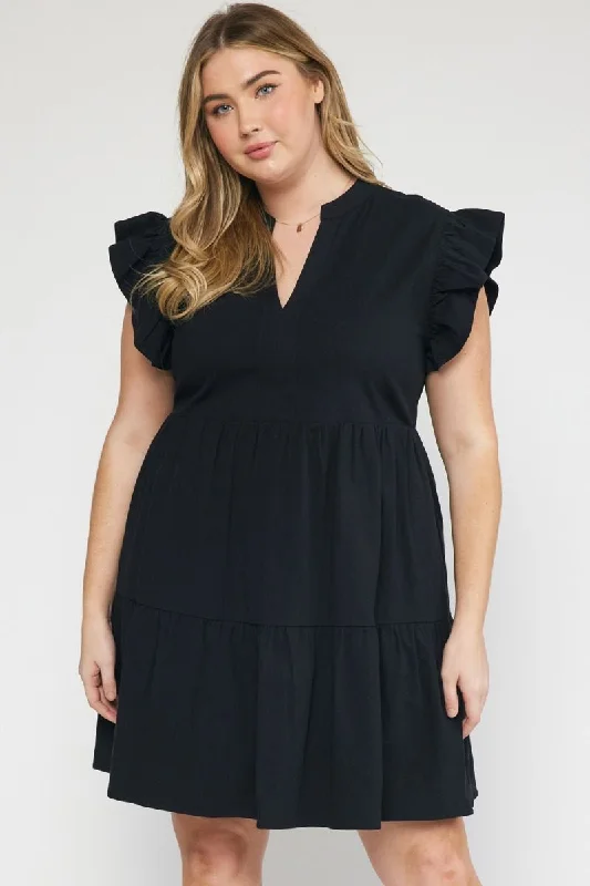 Ruffle Sleeve Black Dress