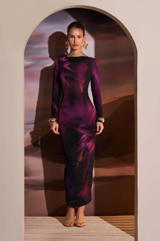 SLASH NECK MAXI DRESS IN PURPLE MIRAGE