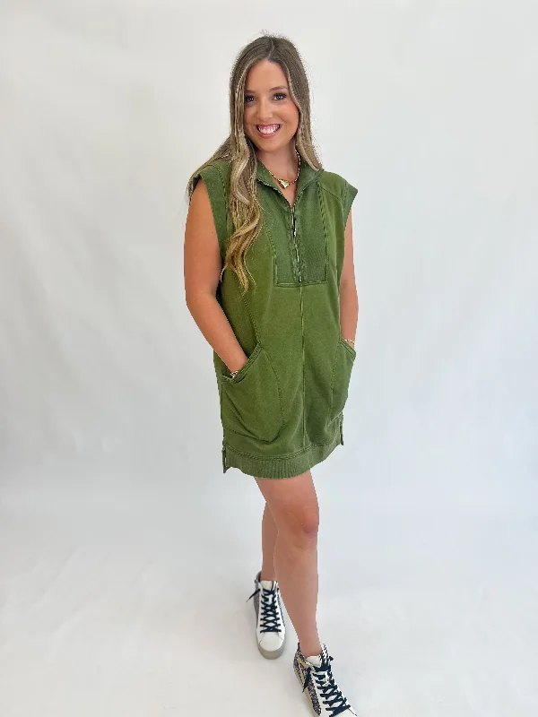 Sporty Mineral-Washed Vest Dress-Dark Olive