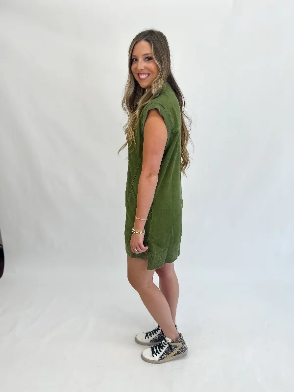 Sporty Mineral-Washed Vest Dress-Dark Olive