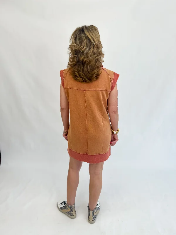 Sporty Mineral-Washed Vest Dress-Rust