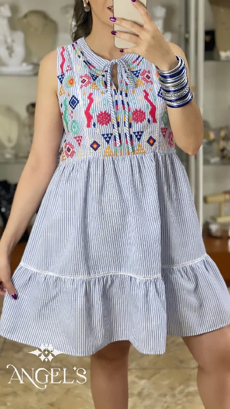 Stripes With Embroidery Sleeveless Dress