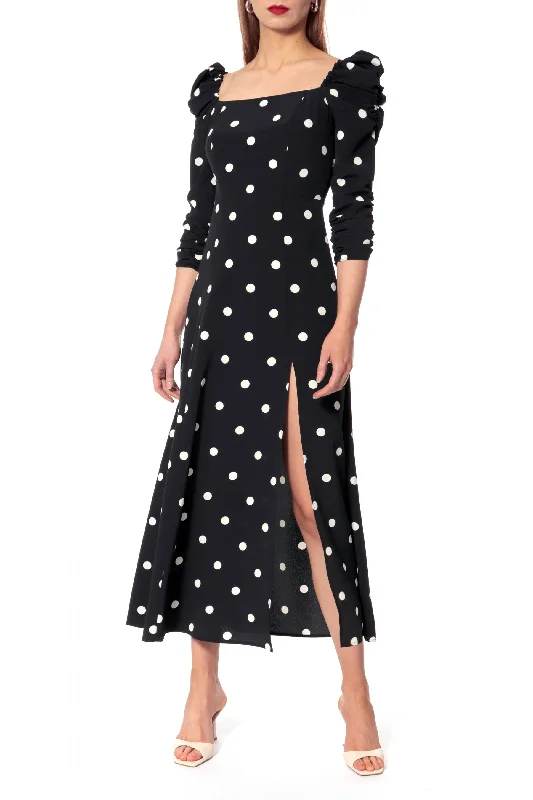 SUMMER MIDI DRESS WITH SLIT ""AMÉLIE"" IN BLACK WITH WHITE DOTS