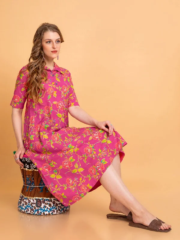 Mul Cotton Floral Print Flared Long Dress