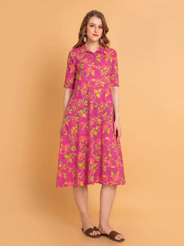 Mul Cotton Floral Print Flared Long Dress