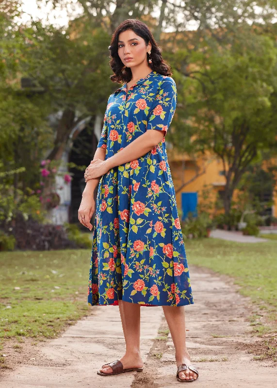 Mul Cotton Floral Print Flared Long Dress