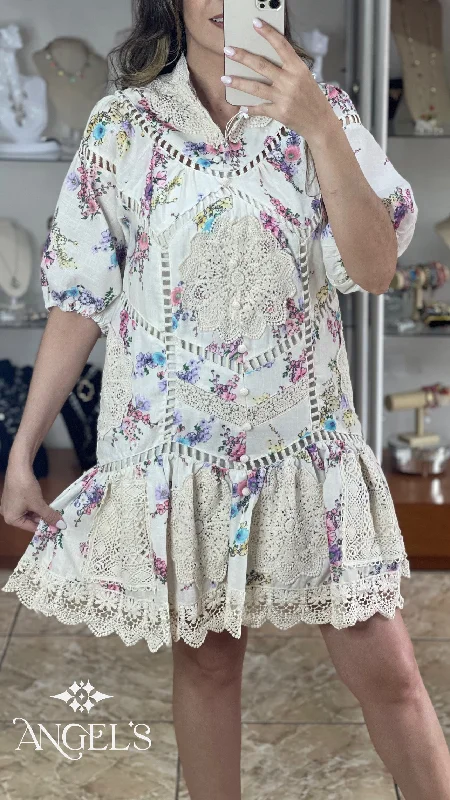 Floral with Crochet Details Short Dress