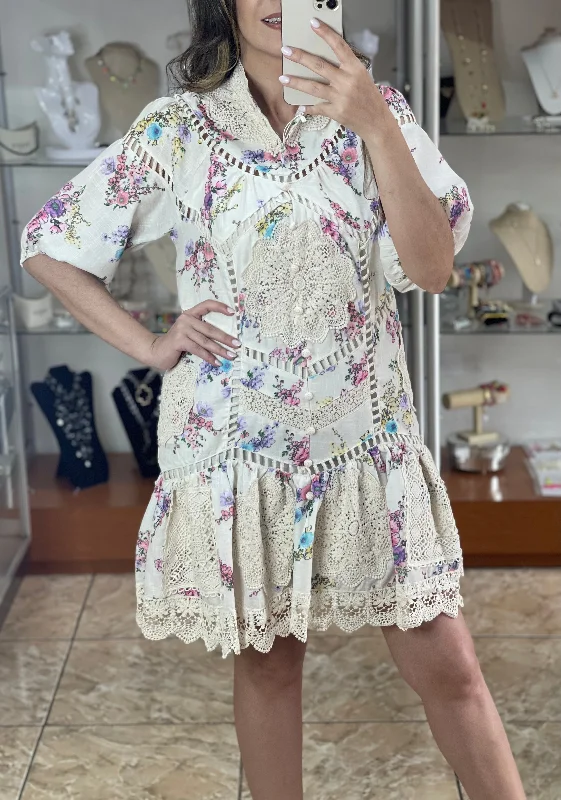 Floral with Crochet Details Short Dress