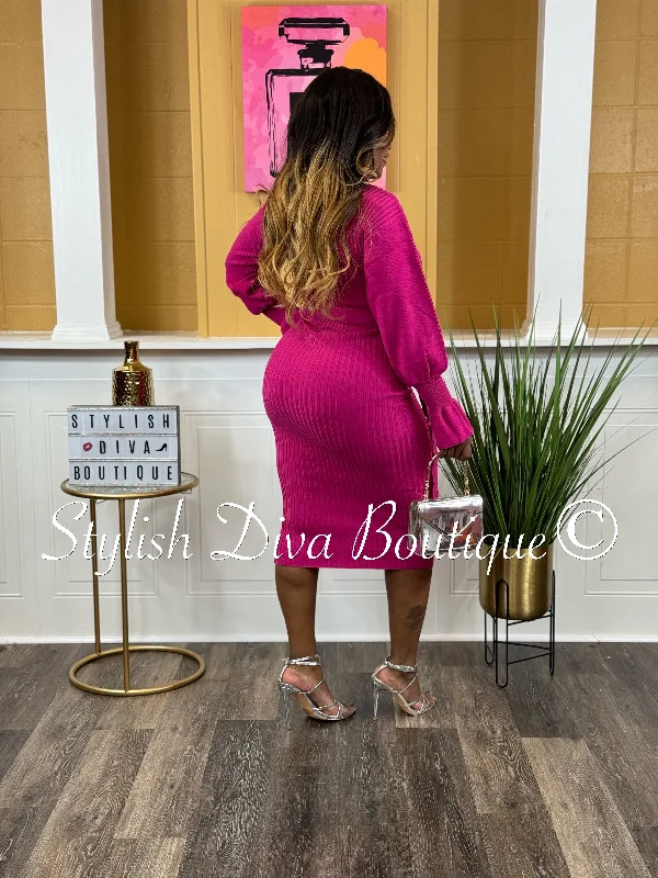 Wine Dates Ballon Sleeve Midi Dress (Pink)