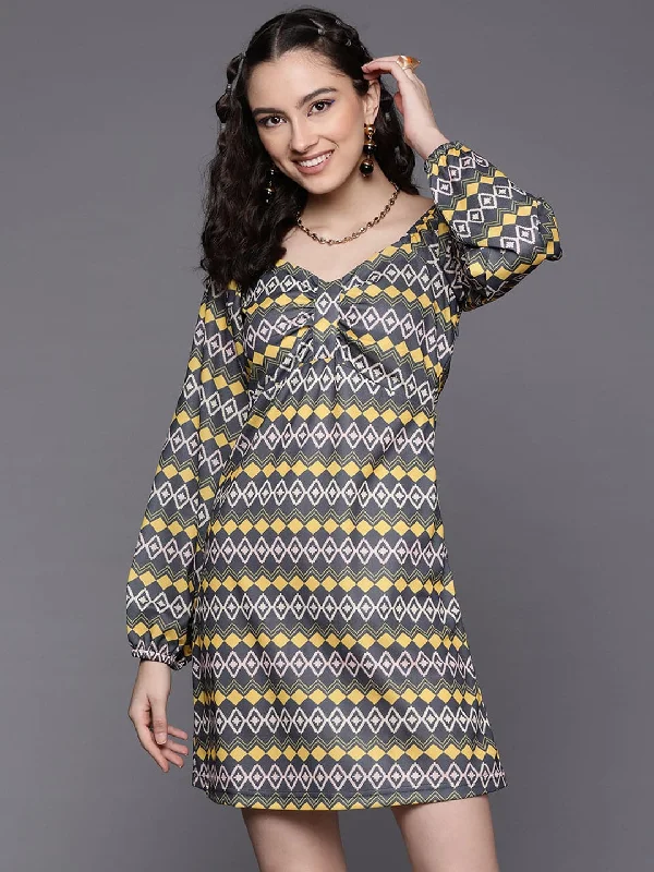 Women Yellow Geometric Front Bow Dress