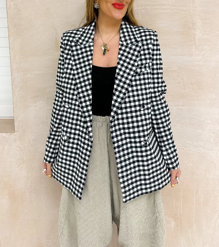 Gingham Print Blazer In Black And White