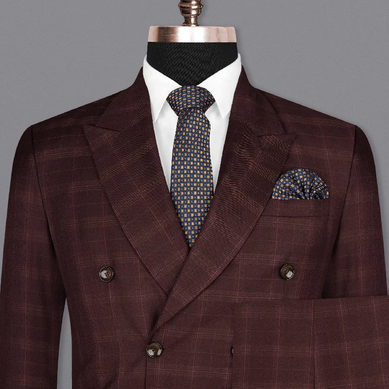 Crater Brown Super fine Plaid Double Breasted Wool Rich Suit