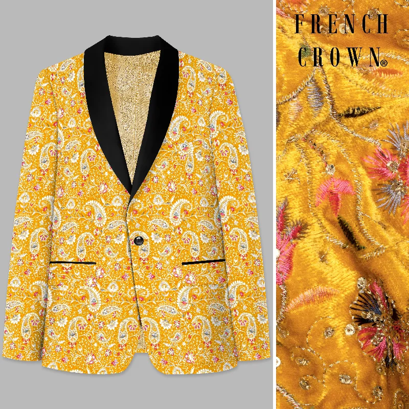 Firebush Yellow Velvet Floral Thread Embroidered Tuxedo Blazer