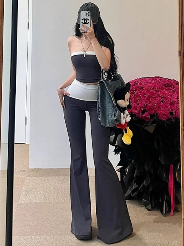 Tabby Black Grey Contrast Color Set, Sleeveless Slim Bodycon Tube Top + Long Flare Pants Matching Set