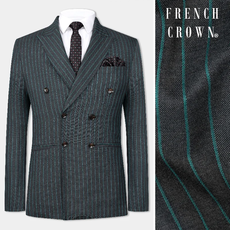 Gravel Gray and Lagoon Blue Striped Wool Rich Double Breasted Blazer