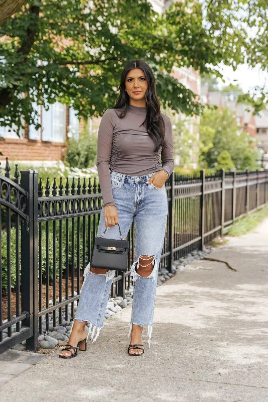 Grey Sheer Mesh Ruched Bodysuit