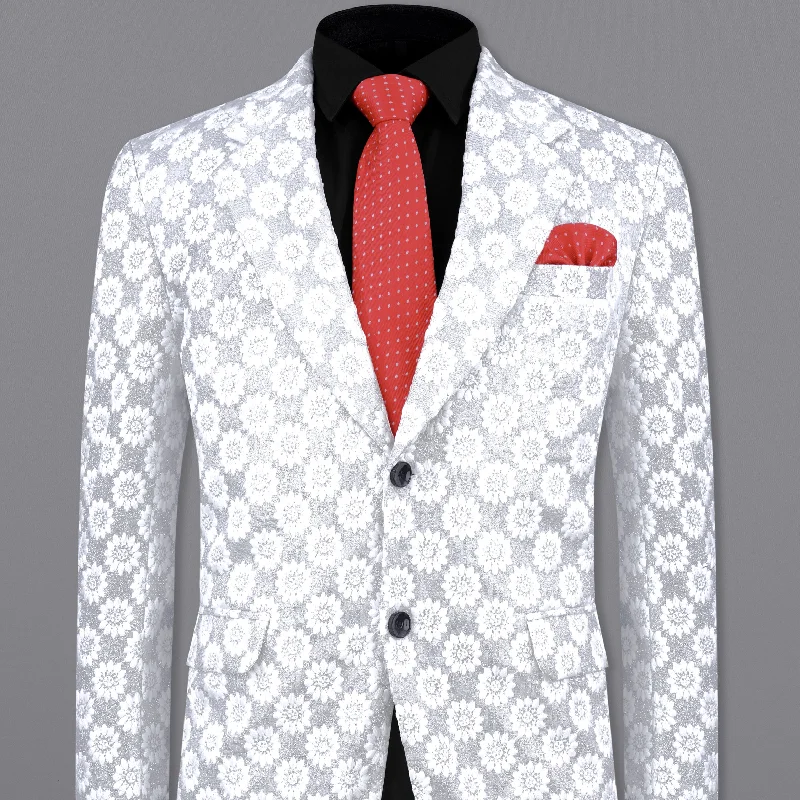 Heather Silver with White Floral Embroidered Single Breasted Designer Blazer