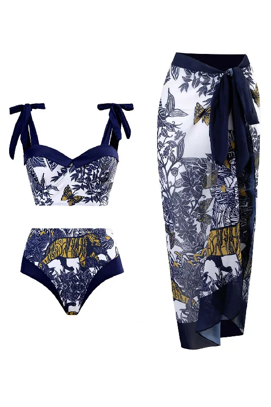 High Waist Printed Dark Blue 3 Piece Swimwear Set with Beach Dress