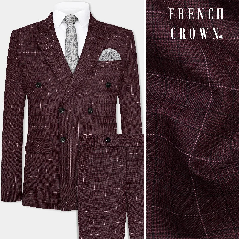 Iroko maroon Windowpane Wool Rich Double Breasted Suit