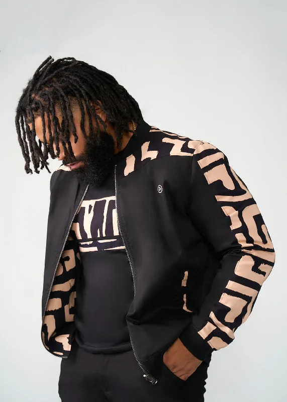 Ise Men's African Print Reversible Bomber Jacket (Black Tan Geometric)