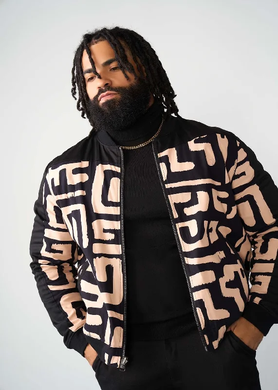 Ise Men's African Print Reversible Bomber Jacket (Black Tan Geometric)