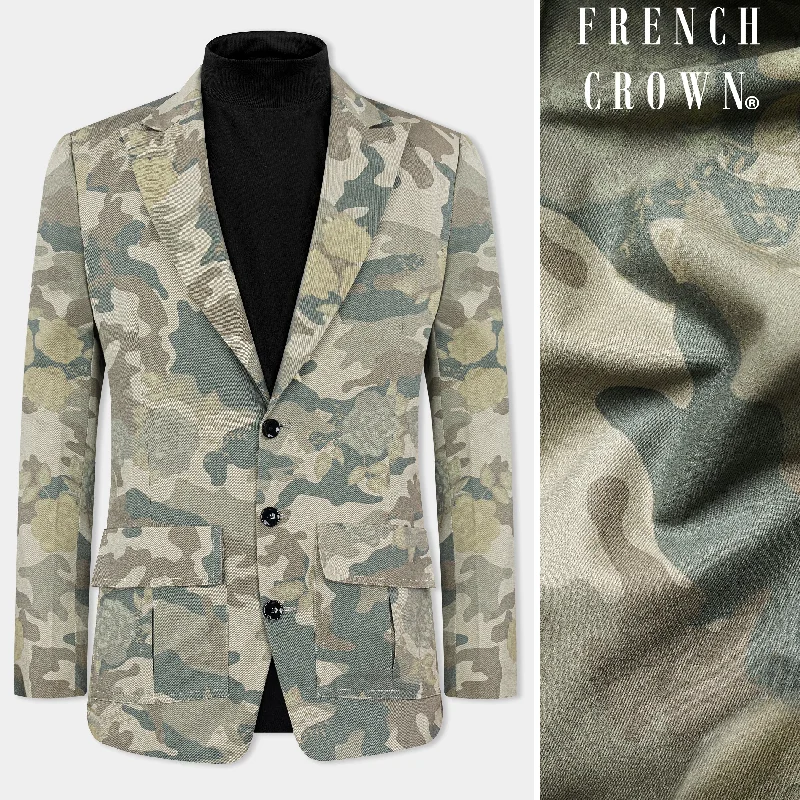 Ivory Green and Arrowtone Brown Camouflage Premium Cotton Designer Blazer