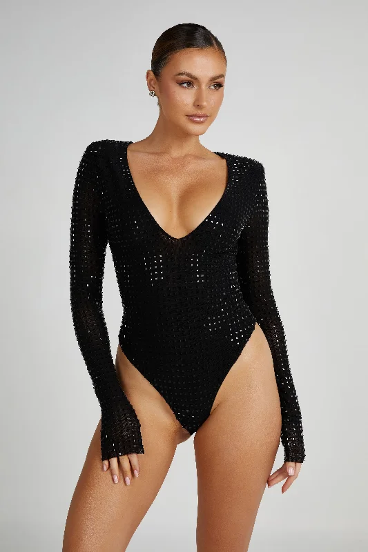 Keenan Square Diamante Bodysuit - Black