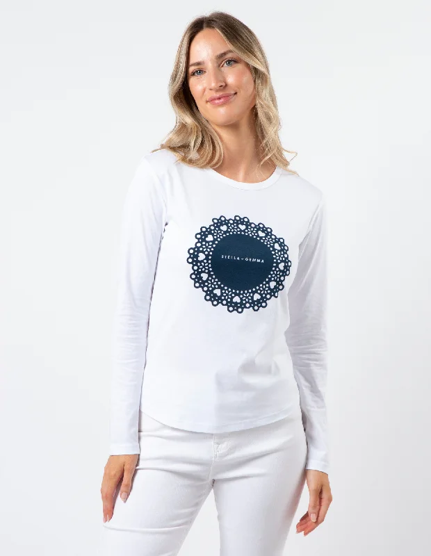 Long Sleeve Tee - White with Navy Doily - Stella + Gemma