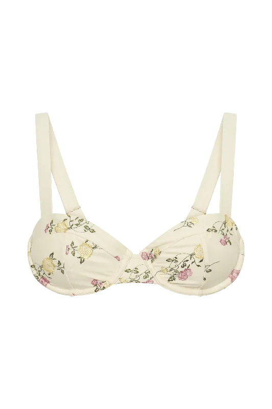 Lou Embroidered Bikini Top - Ivory Flower Print